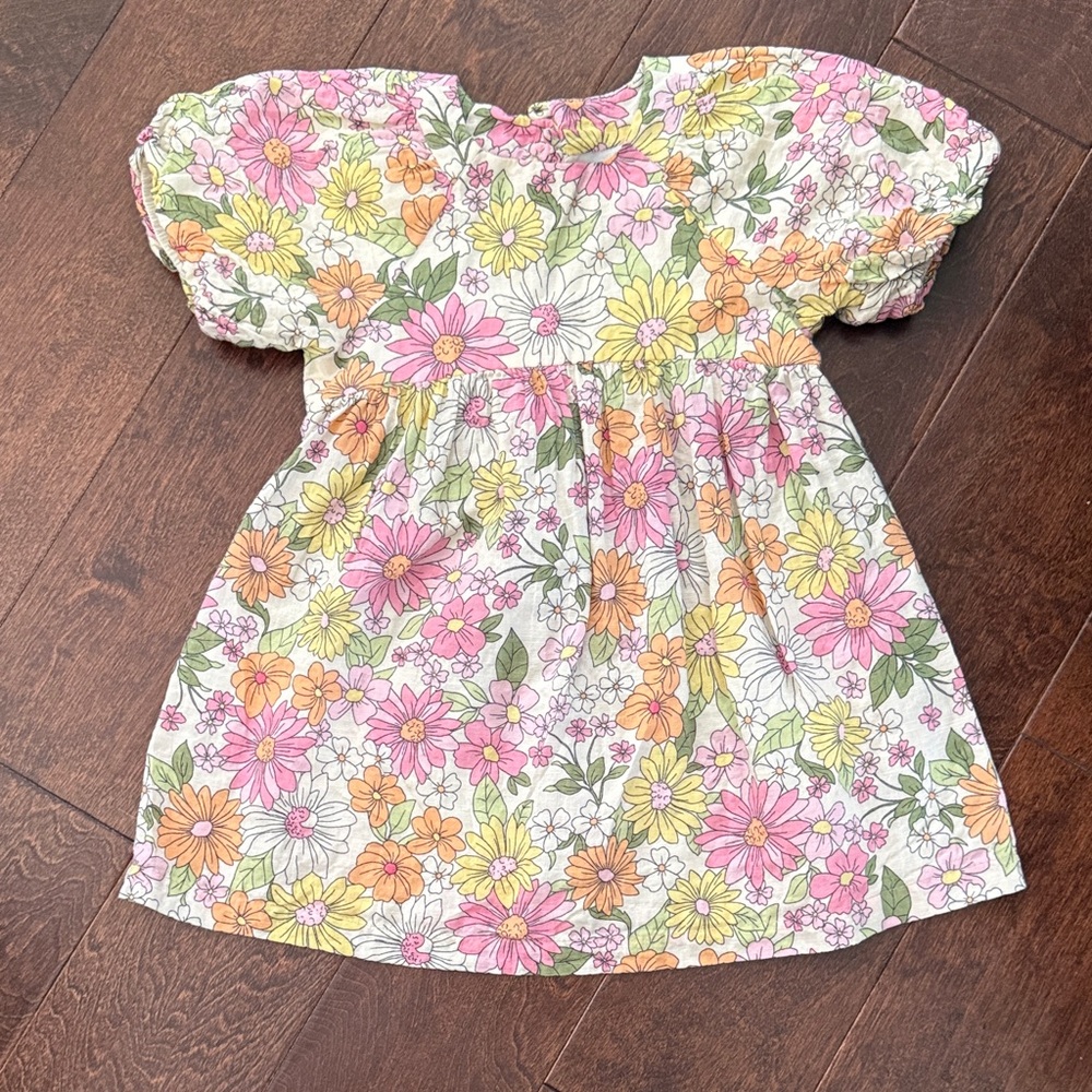 Zara Floral Puff Sleeve Kids Dress - Pink, Yellow, Green